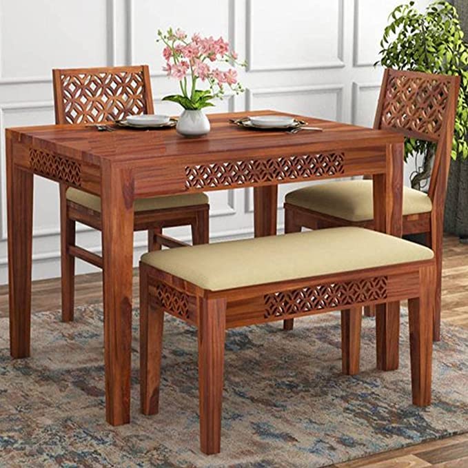 Nikunj Wooden Art Sheesham Wood 4 Seater Dining Table Set with 2 Chairs and 1 Bench Solid Wood Dining Set Furniture for Living Room Home (Honey Finish)