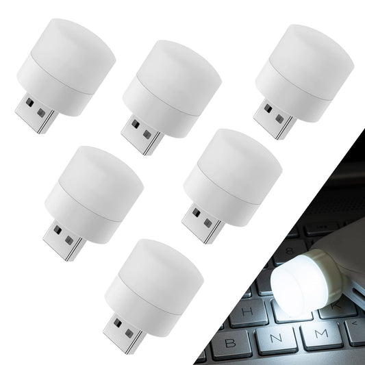 KMJSA USB Night Light, USB LED Light, Energy-Saving Light, Compact LED Bulb, Portable Lighting, Ambient Lighting, Decorative Lamp, Mini USB Light for Car, Bedroom, Nursery, Bathroom (White, 6Pcs)