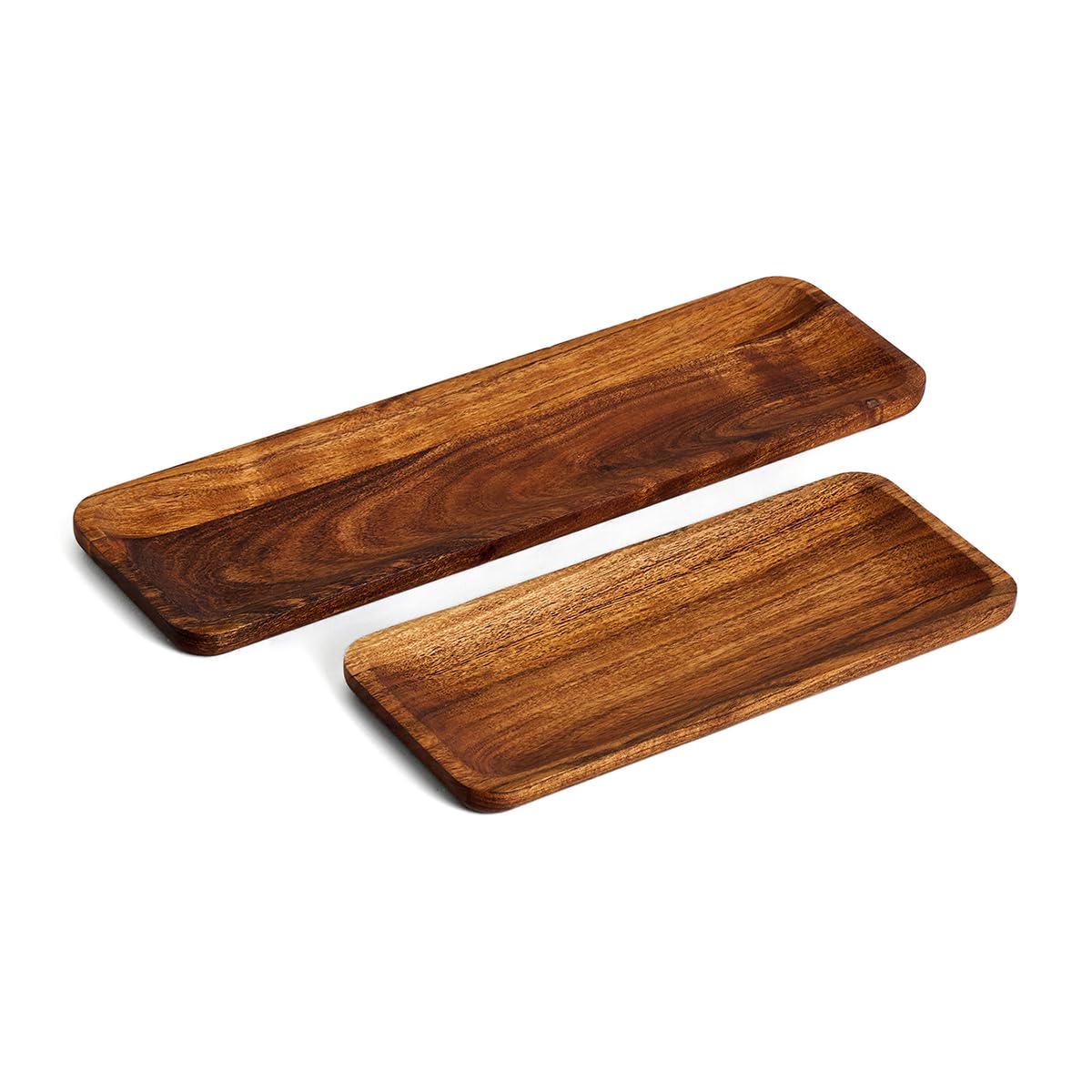 Saaga Acacia Wooden Rectangular Serving Tray/Platter for Pizza, Snacks & Dishes | Pack of 2Pcs - Large : (17 X 5In), Small : (12 X 5In), Brown