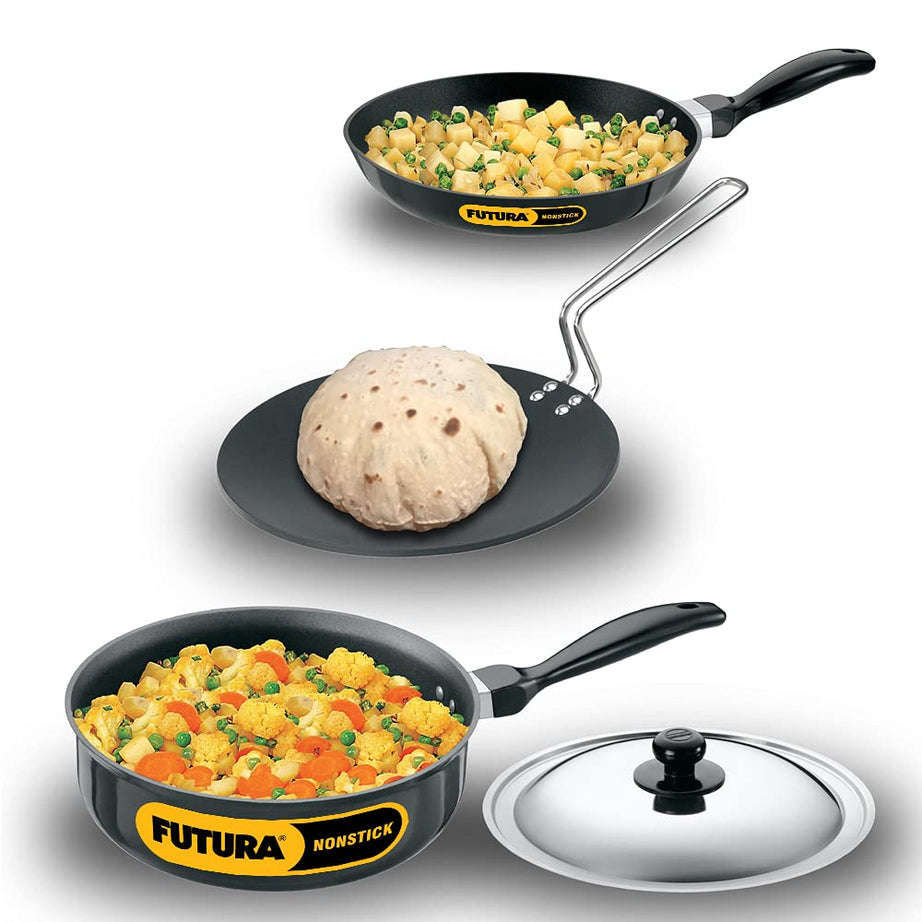 Futura Nonstick Cookware Set No. 2 • TAVA: 26 cm DIA; 4.88 mm Thick • FRYING PAN: 26 cm DIA;3.25 mm Thick • CURRY PAN (SAUTE PAN): with Stainless Steel Lid 3.25 litre; 3.25 mm Thick