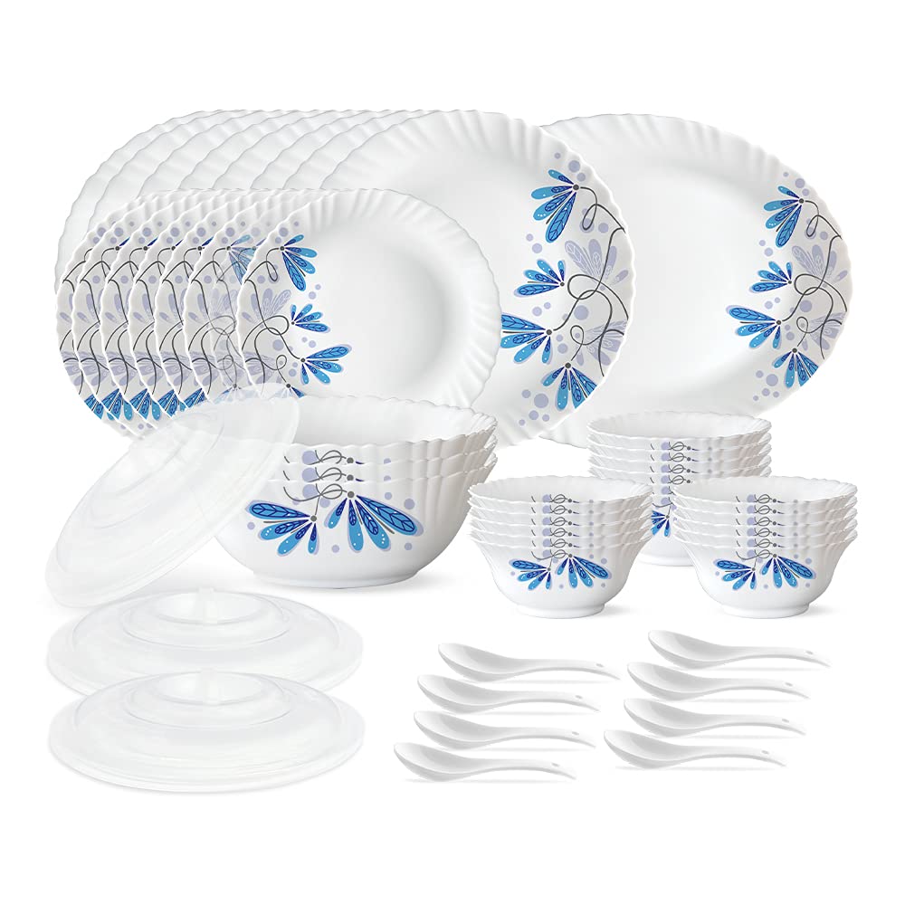 Larah by Borosil Twilight Silk Series Opalware Dinner Set | 47 Pieces for Family of 8 | Microwave & Dishwasher Safe | Bone-Ash Free | Crockery Set for Dining & Gifting | Plates & Bowls | White