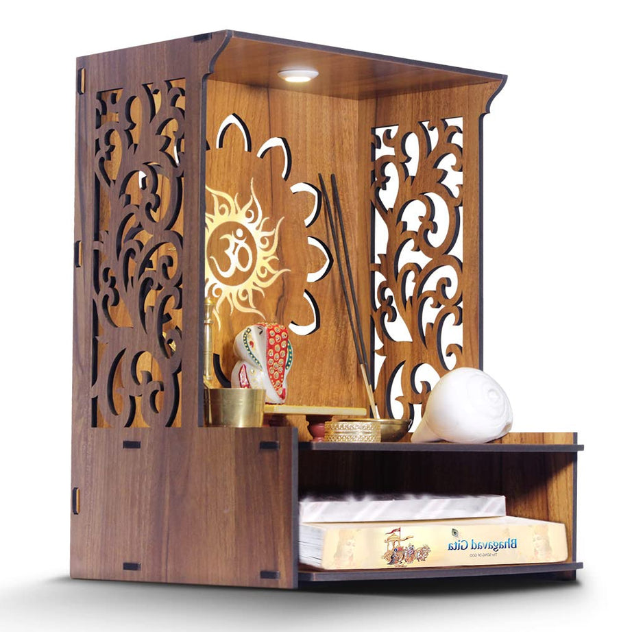 Heartily® Roli Beautiful Wooden Pooja Mandir for Home or Puja Temple Stand for Office and Shops with Led spot Light Product (H- 15.5, L- 11.5, W-11 Inch)