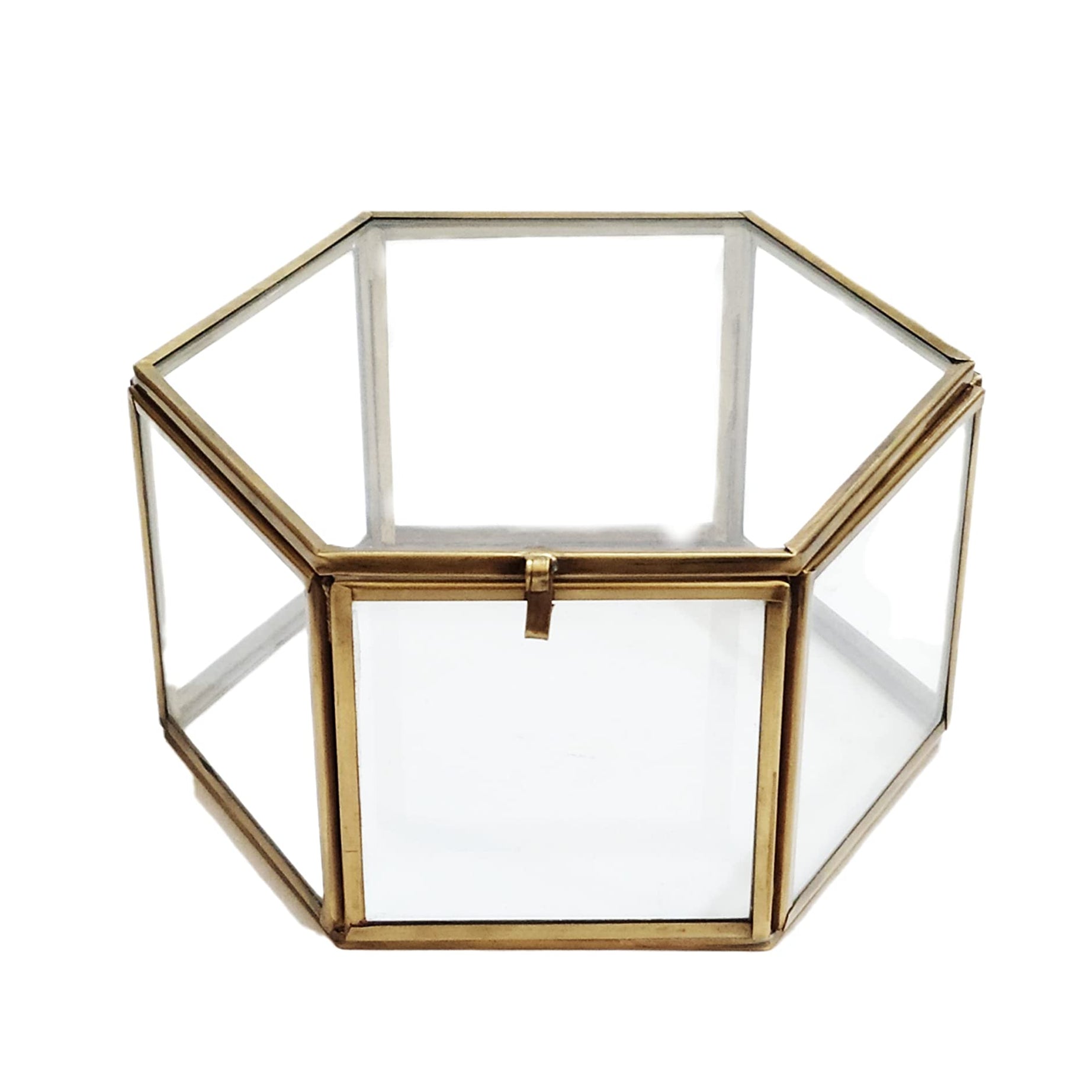 Spaziomaker Brass And Glass Hexagonal Storage Brass Glass Box, Makeup Box, Multiutility Purpose, Jewelry Organizer, Decorative Accent, Wedding Bridal Party Gift Box - Pack of 1