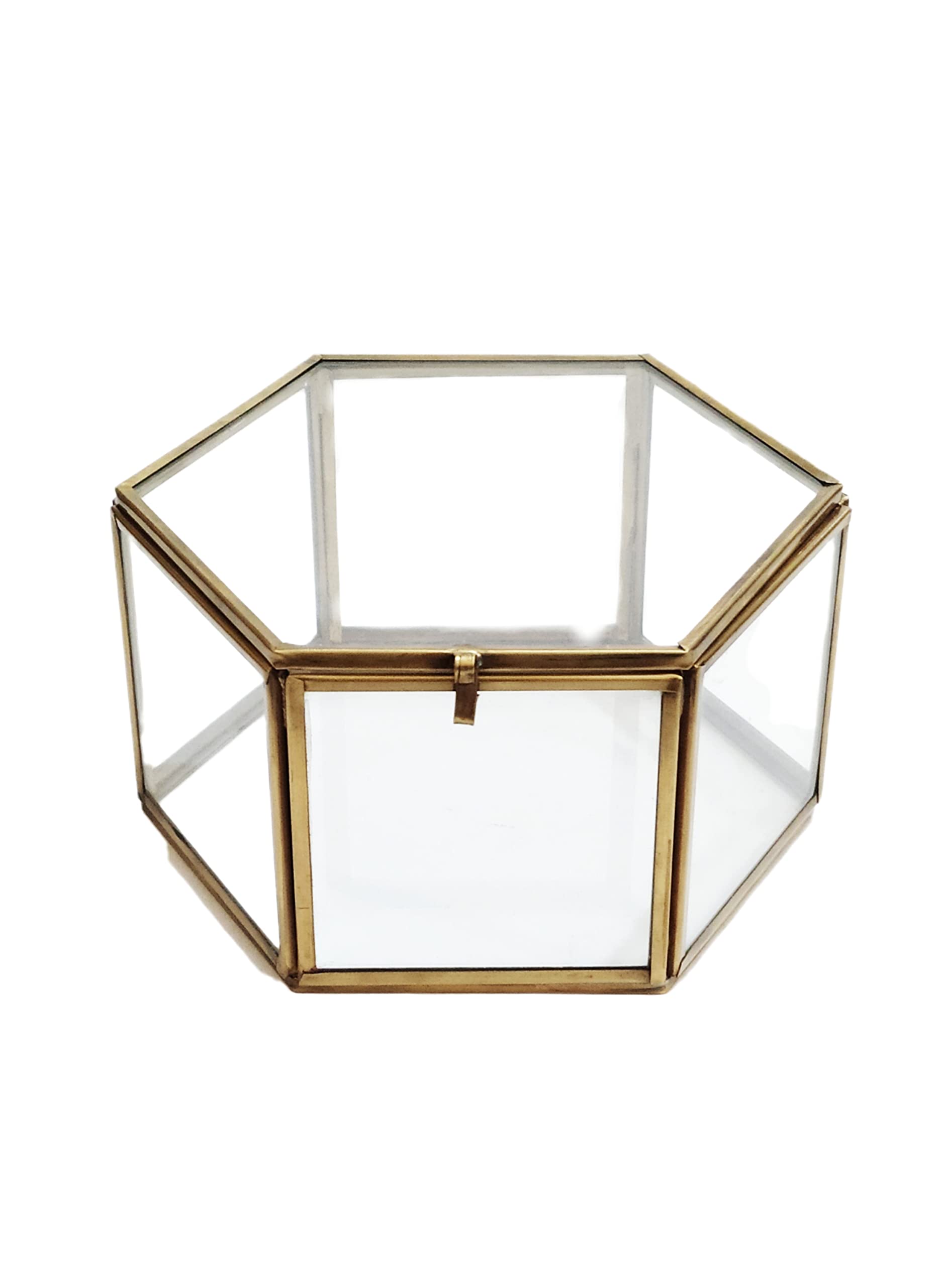 Spaziomaker Brass And Glass Hexagonal Storage Brass Glass Box, Makeup Box, Multiutility Purpose, Jewelry Organizer, Decorative Accent, Wedding Bridal Party Gift Box - Pack of 1