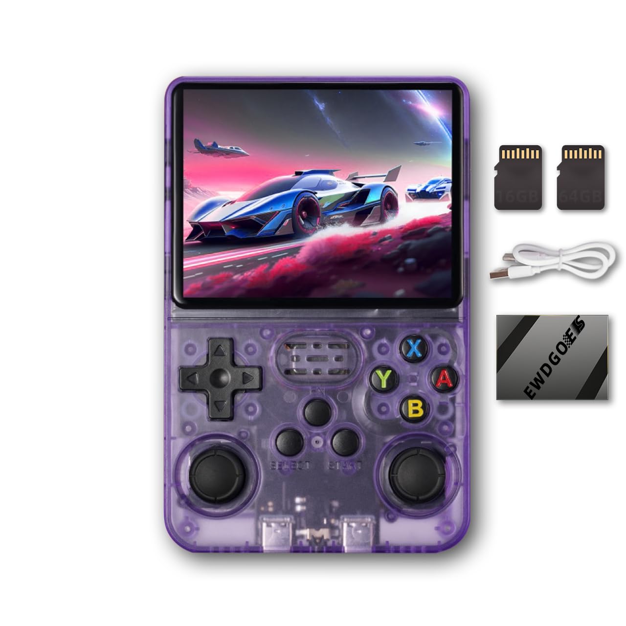 EWDGOES R36S Handheld Game Console 3.5 inch Preinstalled Emulator System Transparent Purple 32GB+64GB