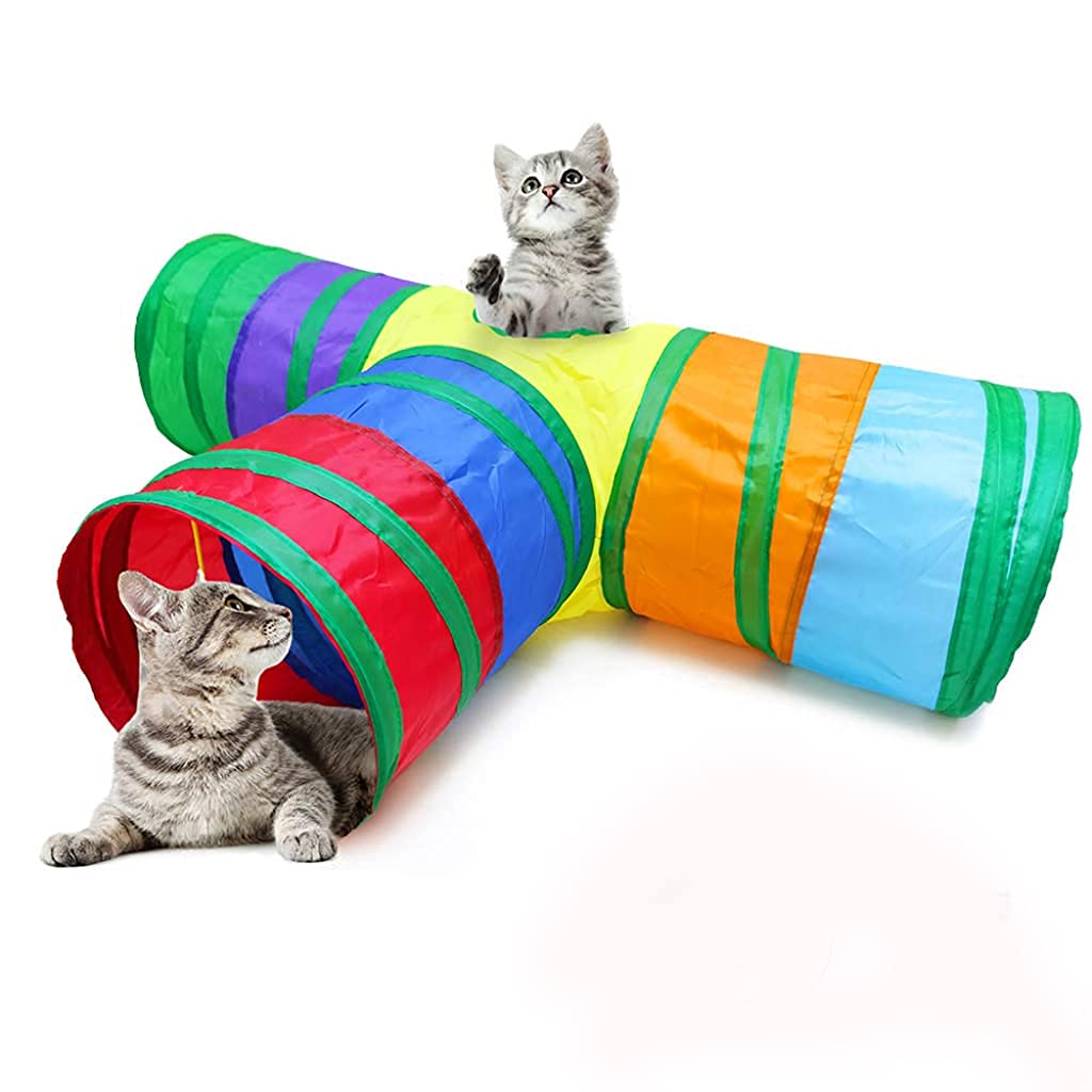 Qpets® 3 Way Rainbow Tunnel Cat Toys Pet Tube Collapsible Play Toy Kitten Toys Cat Playing Toys Indoor Outdoor Kitty Puppy Toys for Puzzle Exercising Hiding Training Toy