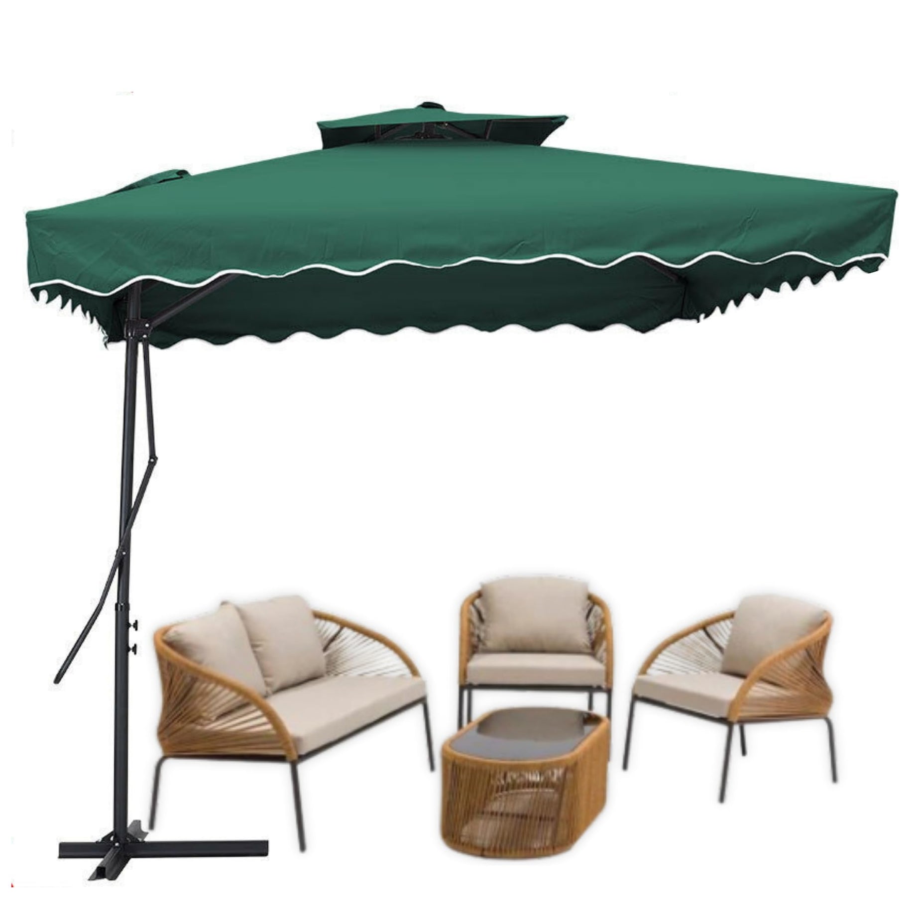 THESHELTERS - Side Pole Square Outdoor Garden Umbrella 9ft (2.2 x 2.2 sq mtr) with Cross Metal Stand | Double Top Patio Umbrella for Outdoor lawn, Patio, Beach, Party, Resorts (Green)