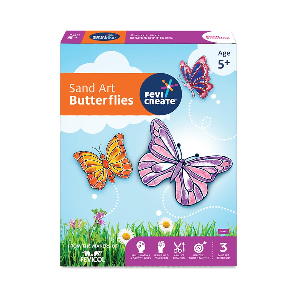 Fevicreate Sand Art Butterflies Art & Craft Kit | includes Butterfly Templates, Multi-Coloured Sand, Magnet Strip, Spatula & More | by Fevicol | Best Gift for Boys & Girls Age 5+ | Return Gift