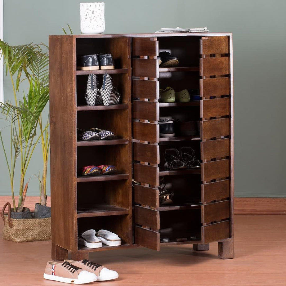 MADE WOOD Wooden Shoe Rack for Home, Shoe Rack Wooden with Door, Shoe Cabinet, Light Walnut Finish