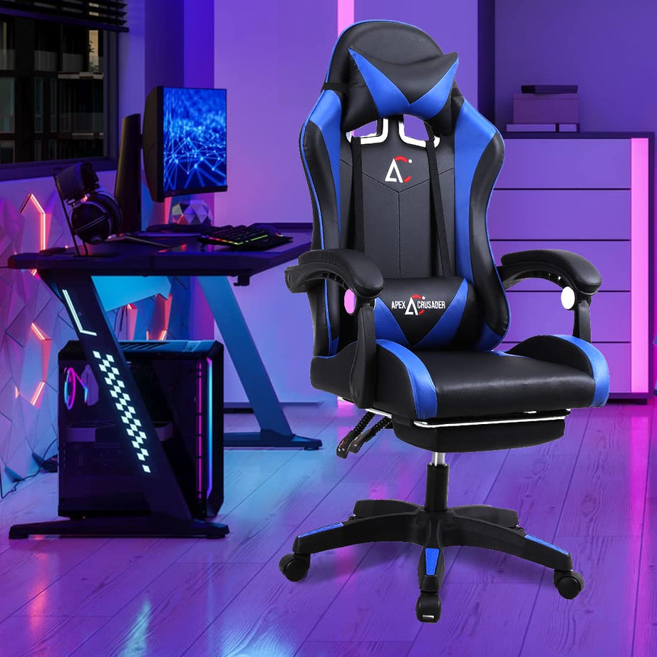 Savya Home Snipe Gaming Chair With Adjustable Headrest & Lumbar Support,135°Recliner Chair|Stretchable Armrest With Footrest, Multifunctional Chair (Blue)|Apex Crusader Gaming Chair Series - Plastic