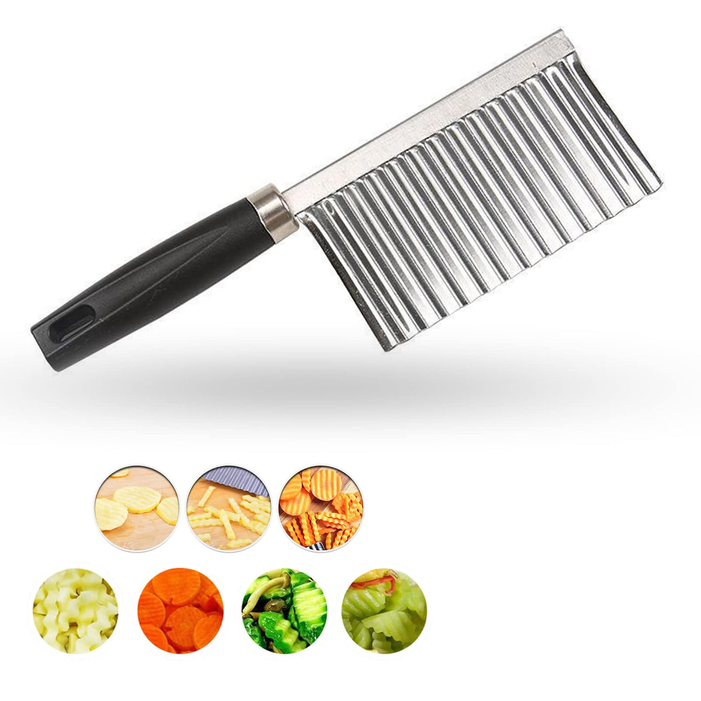 Crinkle Cutter Knife Stainless Steel Cutting Tool for Potato Carrot Chip Vegetable French Fry, Wavy Chopper Wave Slicer Steel Blade, Kids Lunch Accessories (Black Handle)