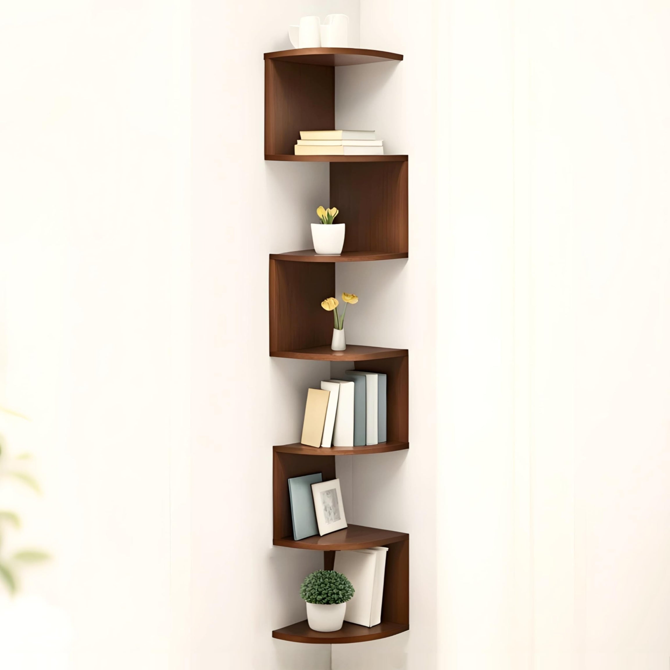 Dime Store 7 Tier Wooden Zig Zag Wall Corner Hanging Shelves for Living Room Stylish | Home Decor Floating Display Rack Storage Organizer (Brown)