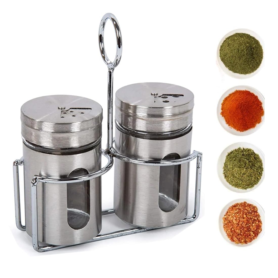 Imaashi Stainless Steel & Glass Spice Symphony Set with Stand – Versatile Salt & Pepper Shakers, Oregano & Chilli Flakes Dispensers, Sugar Sweetener Jar, and Air-Tight Seasoning Containers