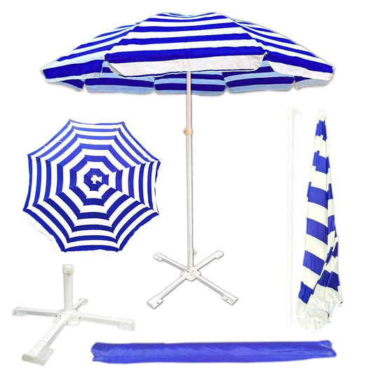 RAINPOPSON Garden Umbrella Outdoor Big Size 8ft with Stand Blue Stripe Color Big Size Outdoor Waterproof Umbrella Heavy Duty Cloth with Patio Garden Outdoor Umbrella (8ft) (Blue Stripe)