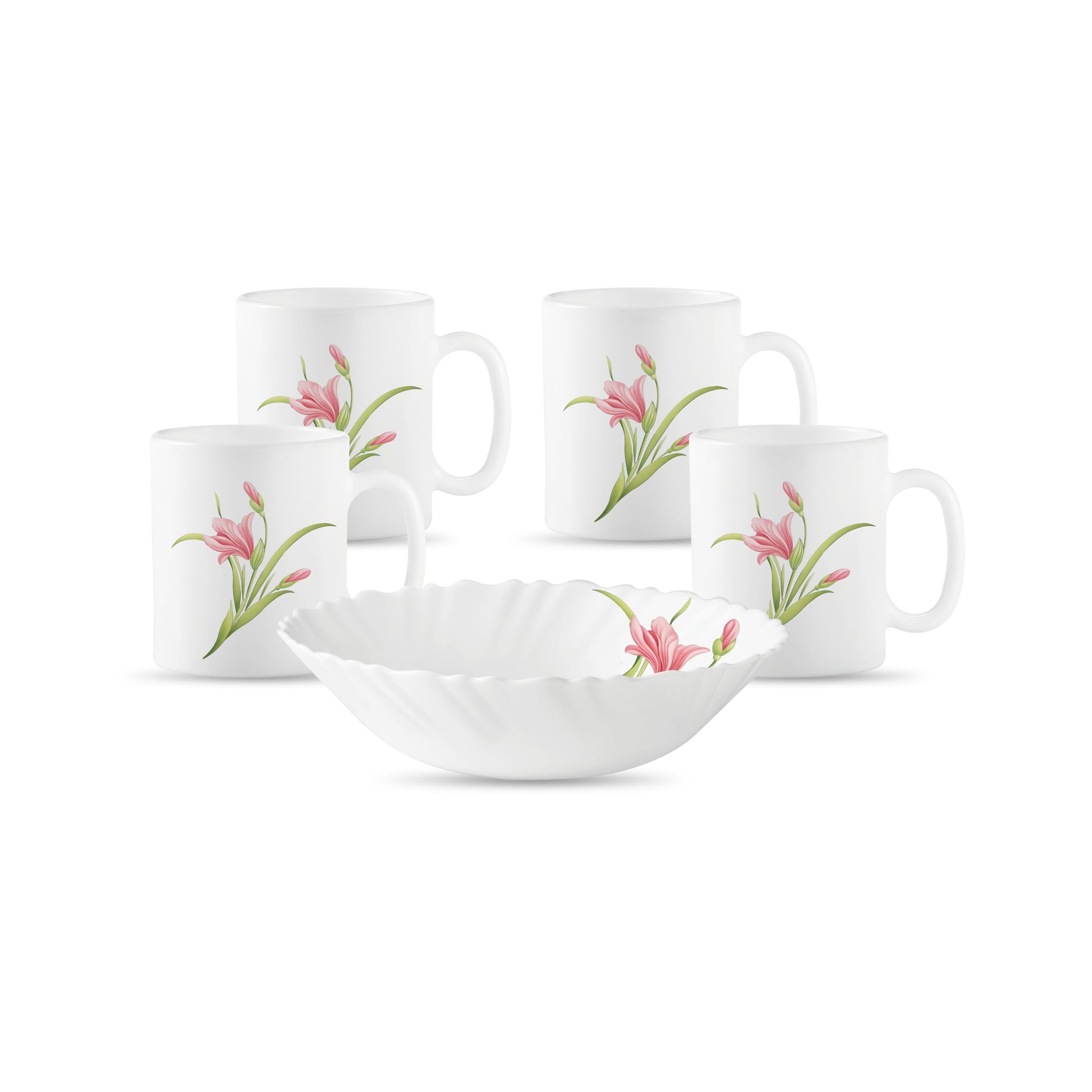 La Opala Diva Classique Collection Opal Glass Crockery | Gift Set of 5 | Coffee Time Set 5 pcs Flaming Red | Bowls & Coffee Mugs | Microwave Safe | 100% Vegetarian | Extra Strong | Light & White