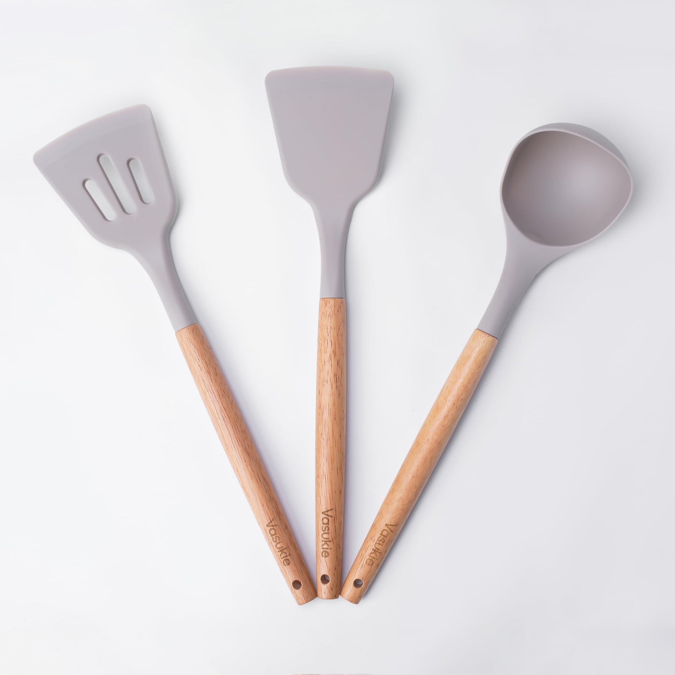 Vasukie Silicone Spatula Set with Wooden Handle for Kitchen | Spatula Silicone Set for Non Stick Pan | Kitchen Accessories Items | Kitchen Tools Set of 3 (Beige) (Beige)