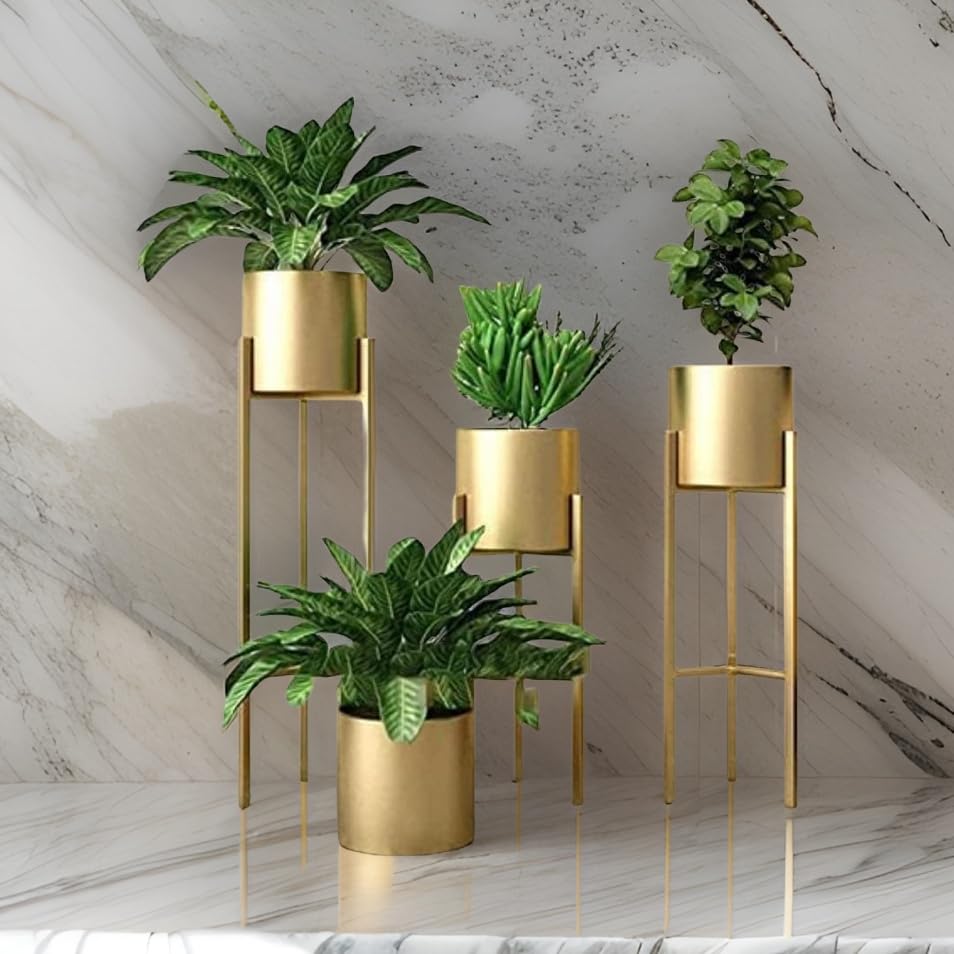 World Fire Metal Floor Flower Stands Revitalize Your Space with Our Golden Planter Set of 3 Stylish Durable and Versatile Plant Pots | Perfect for Indoor and Outdoor Gardens Homes and Offices (Gold)