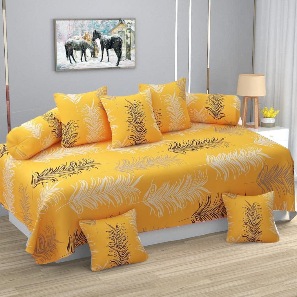 HOMICON Pure Cotton 8 Pieces Diwan Cover Set with 1 Single Diwan Bedsheet, 2 Bolster Covers and 5 Cushions Cover, Yellow