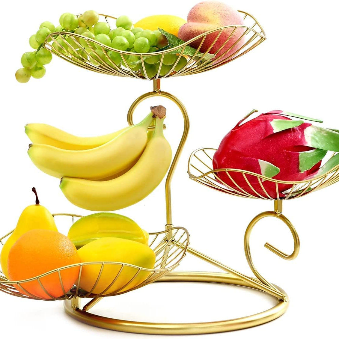 NU INVENTION Fruit Basket Holder,3-Tier Fruit Bowl Metal Wire Fruit Basket Bread Vegetable Organizer Storage Organizer Black Cast Iron Easy Installation