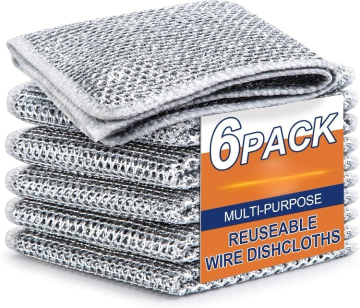 GO WELL Multipurpose Wire Dishwashing Rags for Wet and Dry Stainless Steel Scrubber Non-Scratch Wire Dishcloth for Washing Dishes Sinks Counters Easy Rinsing Machine Washable Pack 6