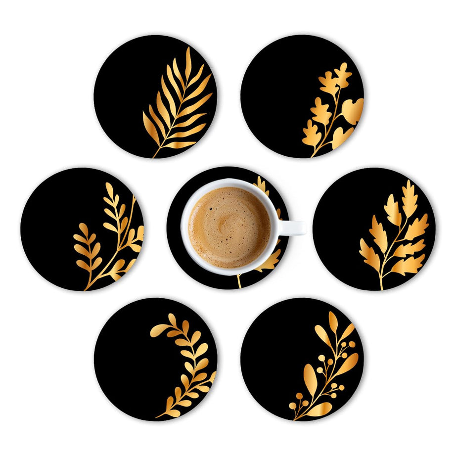 Brizberry® Brizcoast Premium Designer Round Black Leaf Beautiful Wooden Coasters Fit for Tea Cups, Coffee Mugs and Glasses (3.5X3.5 Inch) (Design 12 (Set of 6))