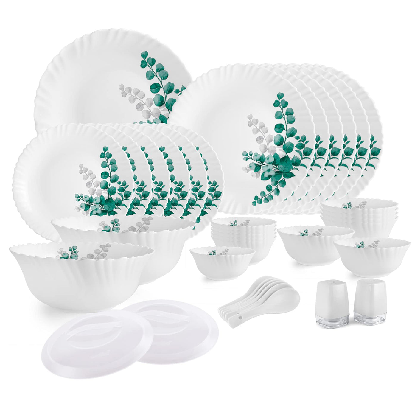 Cello Aqua Leaves Dazzle Series Opalware Dinner Set, 37 Pieces, Service for 6, White, Extra Large (Model: CLO_OPLWR_DZZL_AQLVS_DS_37PCS)