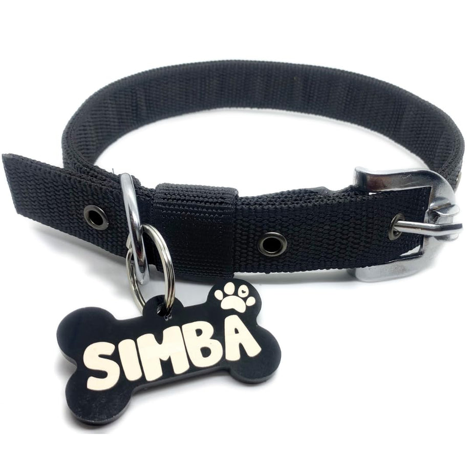 PAWPRO HANDMADE Nylon Personalized Black Dog Collar Belt with Customizable Dog Name Tag 40Cm -55Cm Soft Comfy Pet Collar for Small Medium Large Dogs (Medium, Black)