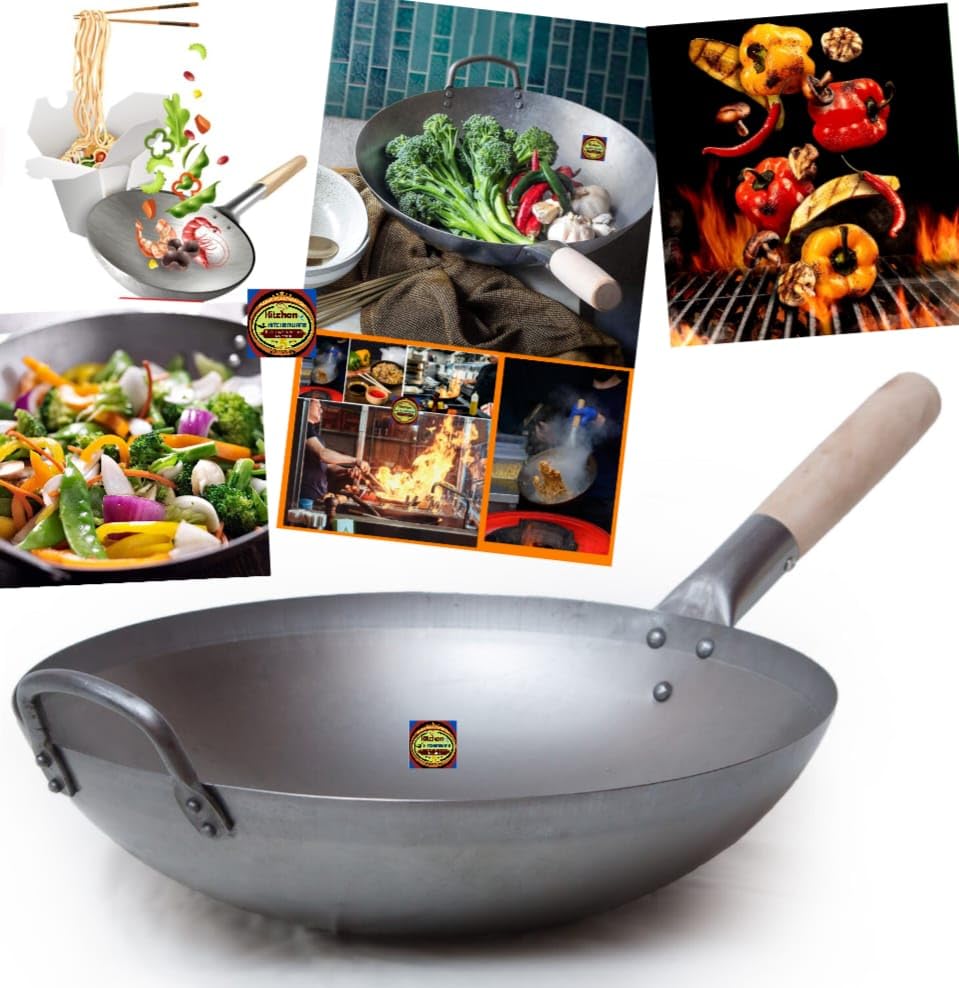 Wok Iron Kadhai/Wok 14" Chinese Kadhai with Wooden Handle(Iron Utensils) Kadai for Noodles Fried Rice Kadai with Handle (1.9kg) Extra Heavy Wok for use Perfect Grip- Traditionally Wok