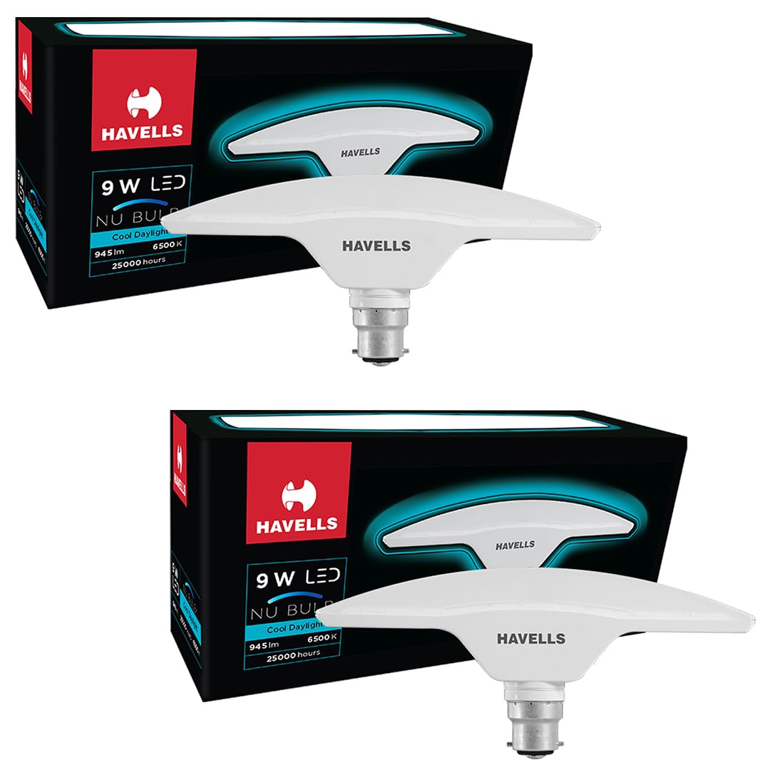 Havells T Shape NU Bulb 9W B22 Base|14% Wider Light Spread|100 Lumens per watt|Inbuilt 4.0KV Surge Protection| 320 degree Rotation for Multiple Applications (6500K,Cool day Light) - Pack of 2