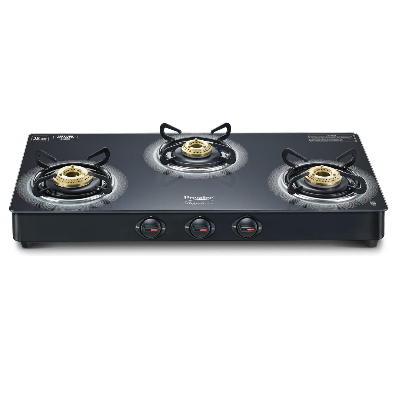 Prestige Royale Plus GT 03L Toughened Black Glass Top Gas Stove(Manual, 3 Brass Burners, Black, Baati/Tandoor Stand Inside)