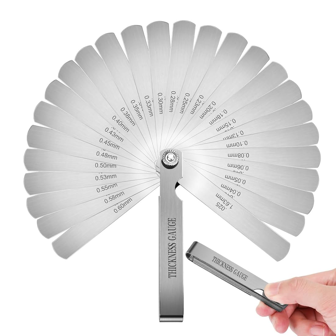 Uptodateproducts 26 Blades Stainless Steel Feeler Gauge, Metric and Imperial Gap Measuring Tool Width and Thickness Feeler Gage Gauge for Spark Plug, Valve Adjustment Tool, 0.04-0.63mm