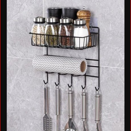 ZURATO Multipurpose Kitchen Accessories Iron Organizer Rack, Wall Hanging Bathroom Shelves with Hooks, Tissue Holder Storage Rack, Towel Hanger Spatula Ladle Hanging