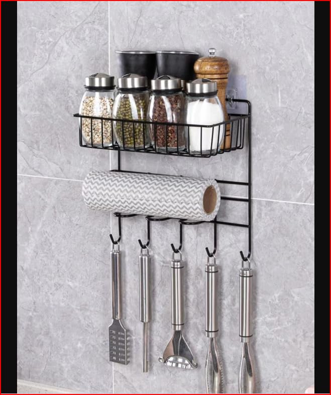 ZURATO Multipurpose Kitchen Accessories Iron Organizer Rack, Wall Hanging Bathroom Shelves with Hooks, Tissue Holder Storage Rack, Towel Hanger Spatula Ladle Hanging