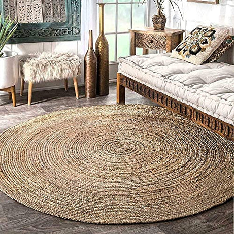 FR Creations Natural Jute Braided Area Rug Round Carpet Jute Handmade Doormat for Bedroom Dining Hall (120 CM)