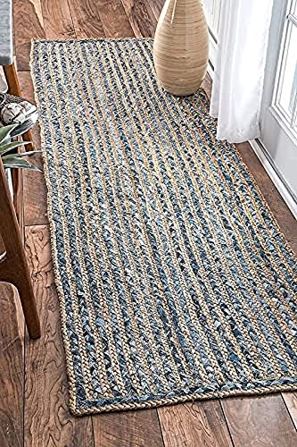 FR Creations Jute and Cotton Braided Reversible Rug Runner Carpet Doormat Bathmat for Bedroom and Home Décor (Beige & Blue, 2x4 Feet)