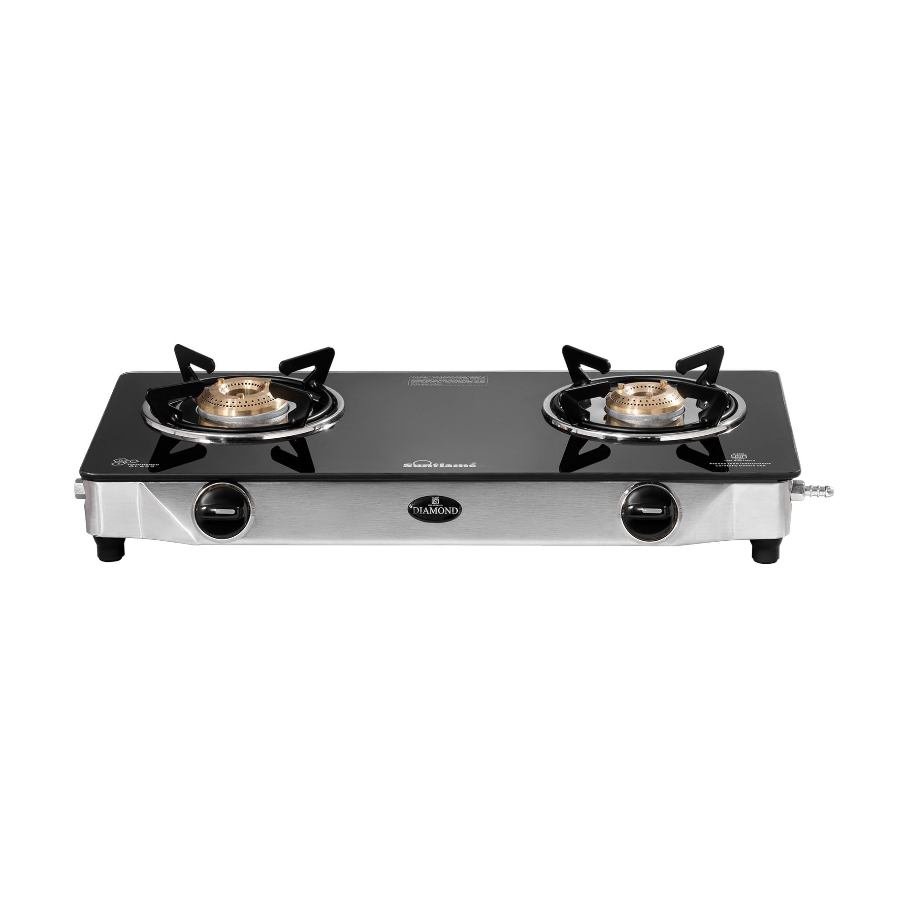 Sunflame Diamond 2 Burner Gas Stove | 1 Medium and 1 Small Brass Burners | 2-Years Product Coverage by Sunflame | Manual Ignition | Ergonomic Knobs | Toughened Glass Top | PAN India Presence