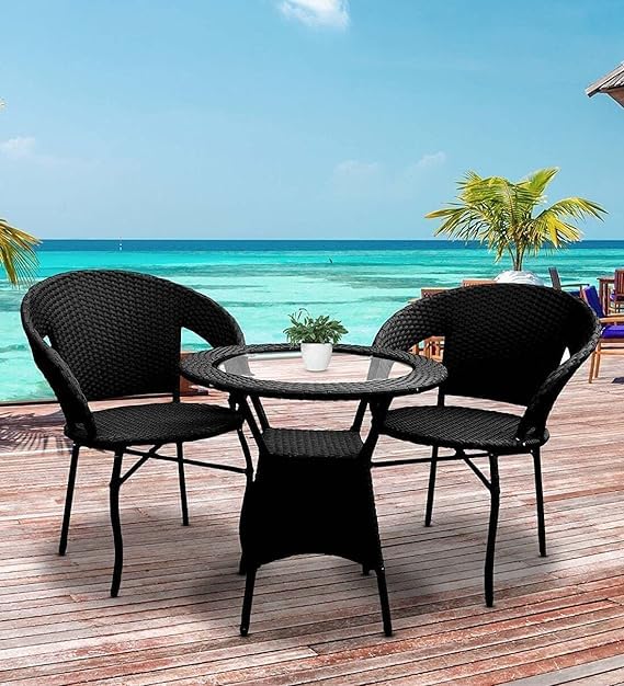 ZEROLINE D-12 Outdoor Furniture Garden Patio Seating Set 2+1 Chairs Table Set Balcony Furniture Coffee Table Set (Black)