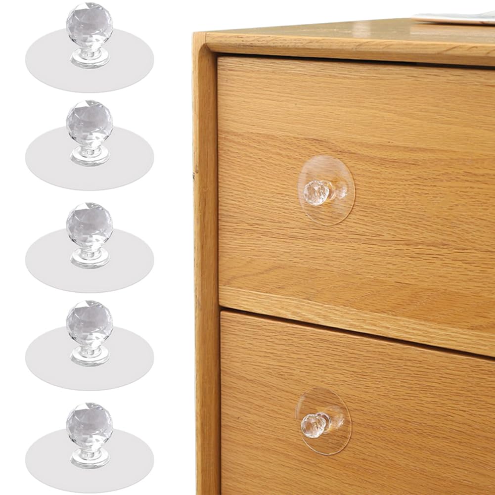 BowieMall Adhesive Clear Cabinet Drawer Knobs 5Pcs Free Self-Stick Push Pull Helper for Kitchen Bathroom Wardrobe Window Cupboard Dresser Furniture Door