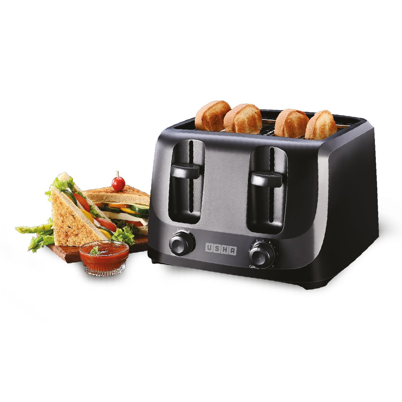 Usha iToast 4 Slice Pop Up Toaster | 1400W | 6 Browning settings | Cool Touch, Shock Proof Plastic Body| Removable Crumb Tray | Automatic Bread Centering For Uniform Browning |2 Years Warranty(Black)