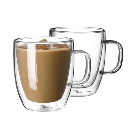 Sweese 4602 Glass Coffee Mugs - 12.5 oz Double Walled Insulated Mug Set with Handle, Perfect for Latte, Americano, Cappuccinos, Tea Bag, Beverage, Set of 2