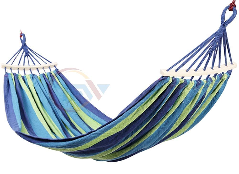 GLENOXZONE Camping Hammock, Striped Canvas Fabric Portable Garden Hammocks Ultralight Outdoor Beach Swing Bed with Strong Rope (200cm x 150cm)