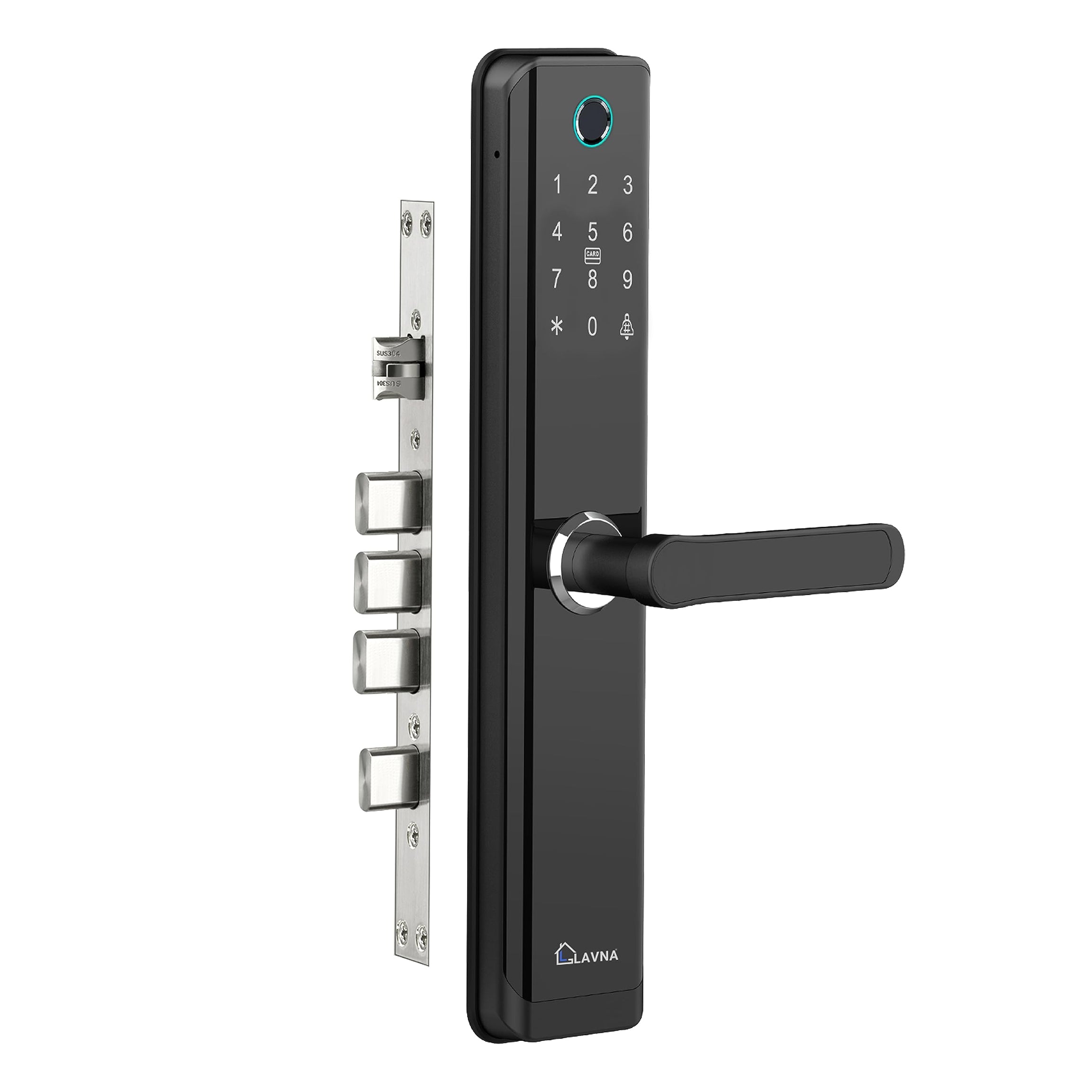 LAVNA Smart Digital Door Lock with Fingerprint, Bluetooth, Mobile App, OTP, PIN, RFID Card and Manual Key Access for Wooden Doors (LA24 Black) (Bluetooth)