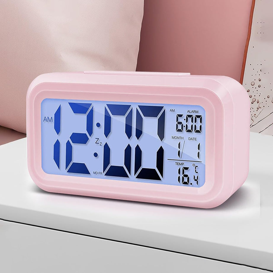 Wolpin Digital Alarm Clock Desk Clock With Time, Date, Indoor Temperature Display, Smart Night Light Lcd For Home, Kids Study, Office, Bedroom - Battery-Operated, Pink - Abs, 5.12 X 1.5 Inch