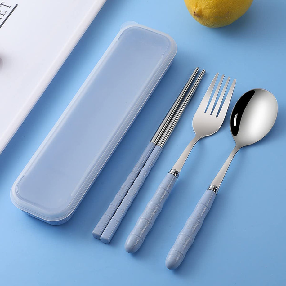 Wolpin Spoon Set Premium Stainless Steel Cutlery Set of 3 Pcs Re-usable (Spoon, Fork, Chopsticks, Travel Spoon Box) Portable Tableware for Men Women Office, Home School Kids, Blue