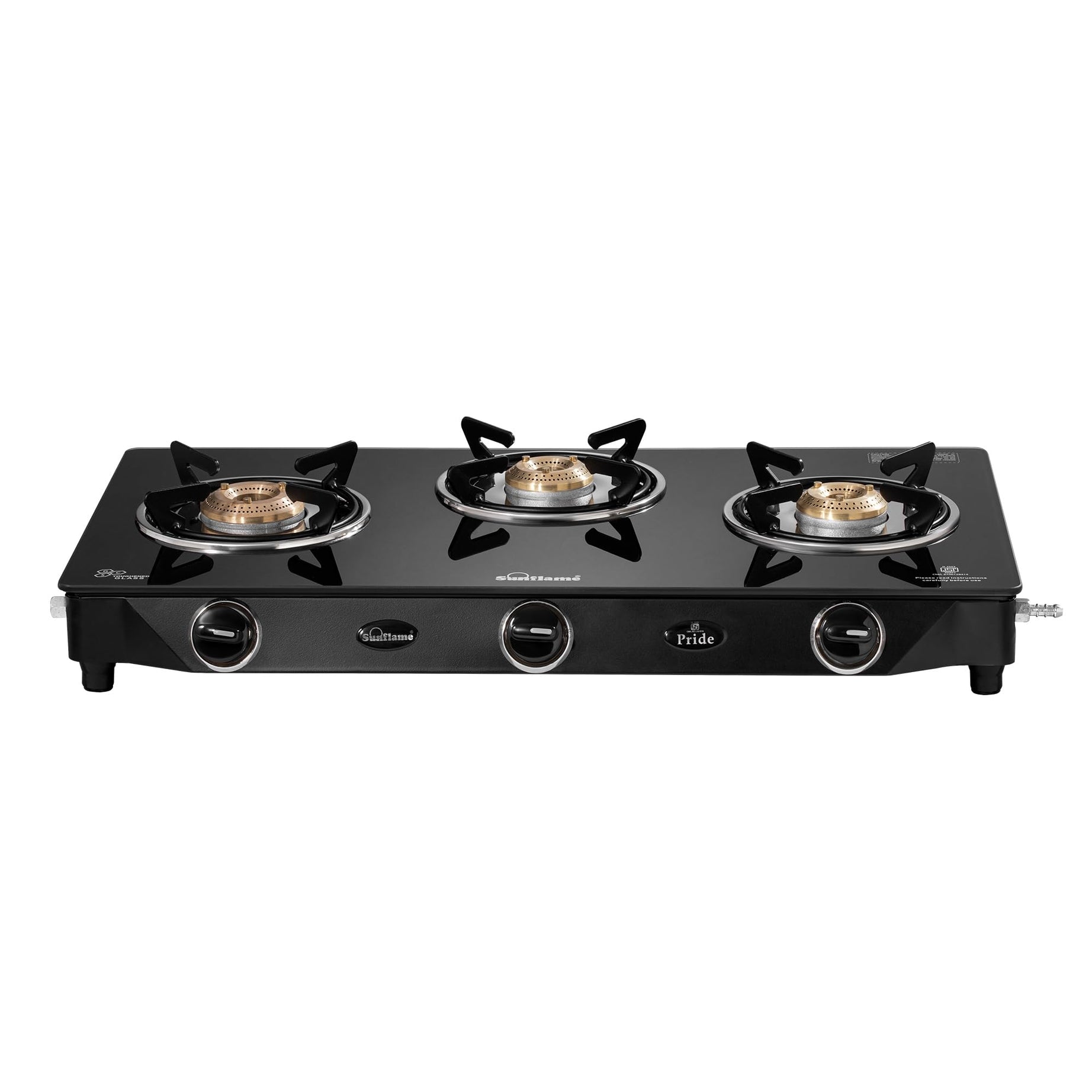 Sunflame Pride 3 Burner Gas Stove | 2-Years Product Coverage | 2 Small and 1 Medium Brass Burners | Ergonomic Knobs | Easy to Maintain l Toughened Glass Top | PAN India Presence | Black