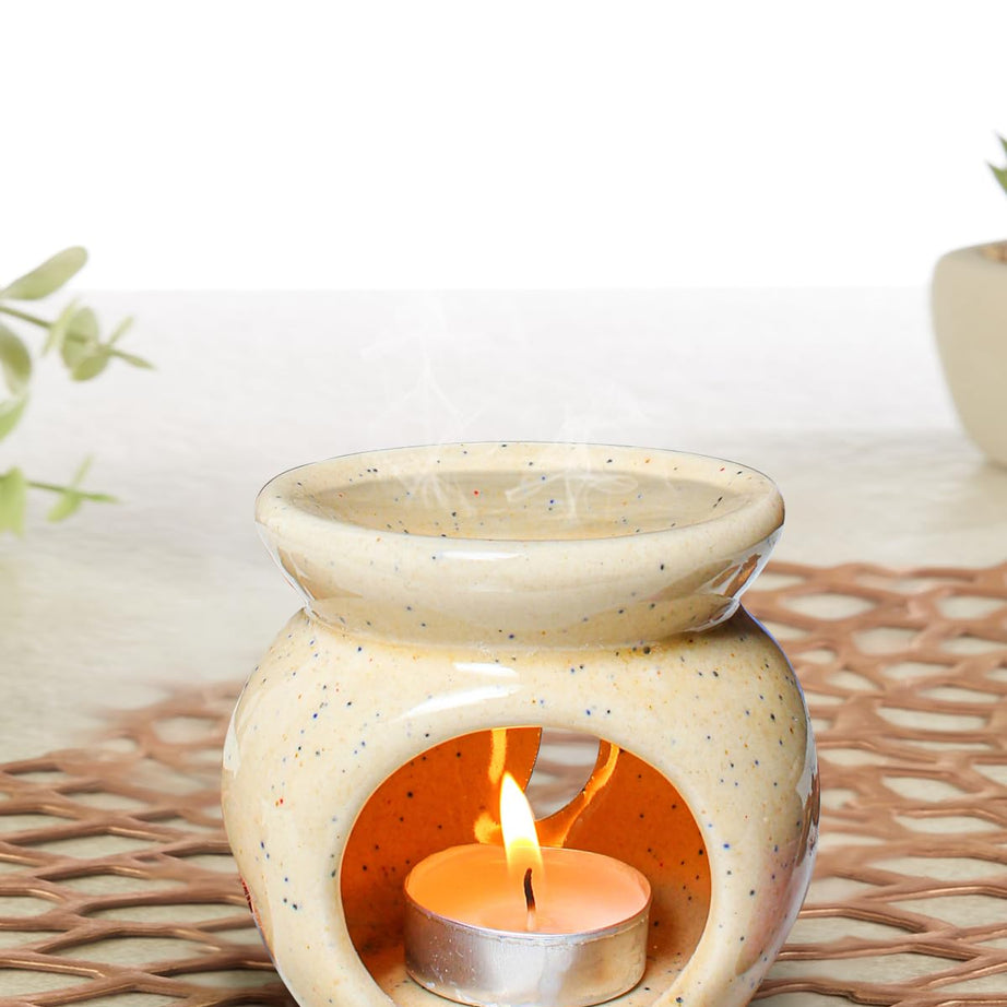 Asian Aura Ceramic Candle Diffuser| Aroma Oil Burner|Aroma Lamp for Home Fragrance| Office/Restuarant/Spa/Aromatherapy Use| 1 Tea light Candle| Light Biege Diffuser