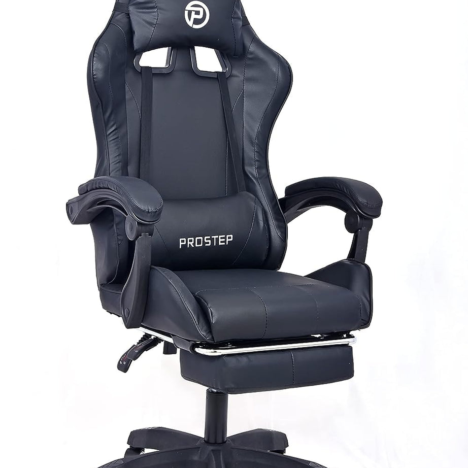 PROSTEP Executive Ergonomic Gaming Chair for Office & Gamers with Premium PU Leather, Adjustable Height with Neck & Lumbar Pillow, Reclining High Back with Foot Rest, Easy Assemble. (Full Black)