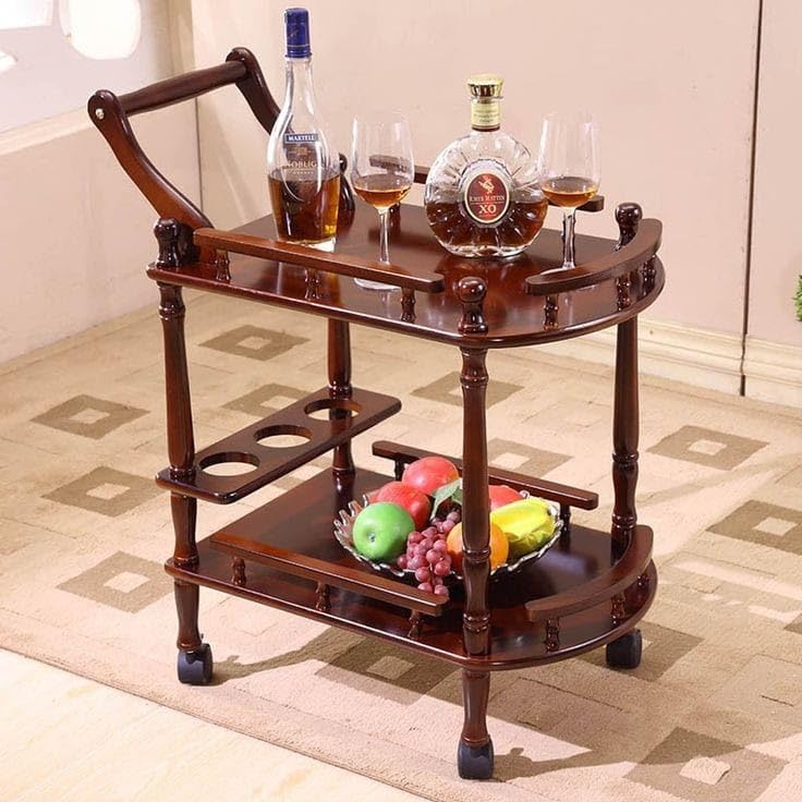 SWANKY Wooden Bar Serving Cart Trolley MDF Wooden Double-Layer Movable Tables Wheels