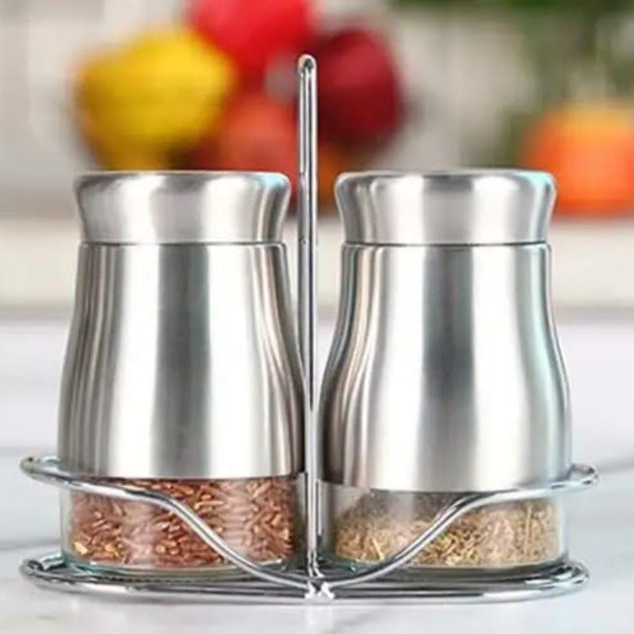 SNAPPYSPEED Salt and Pepper Shakers Set with 3 Adjustable Pour Holes & Tray for Container Stainles Steel Outer Layer and Internal Durable Granular Seasoning Glass Jar for Pickle(Set of 2 Pcs)