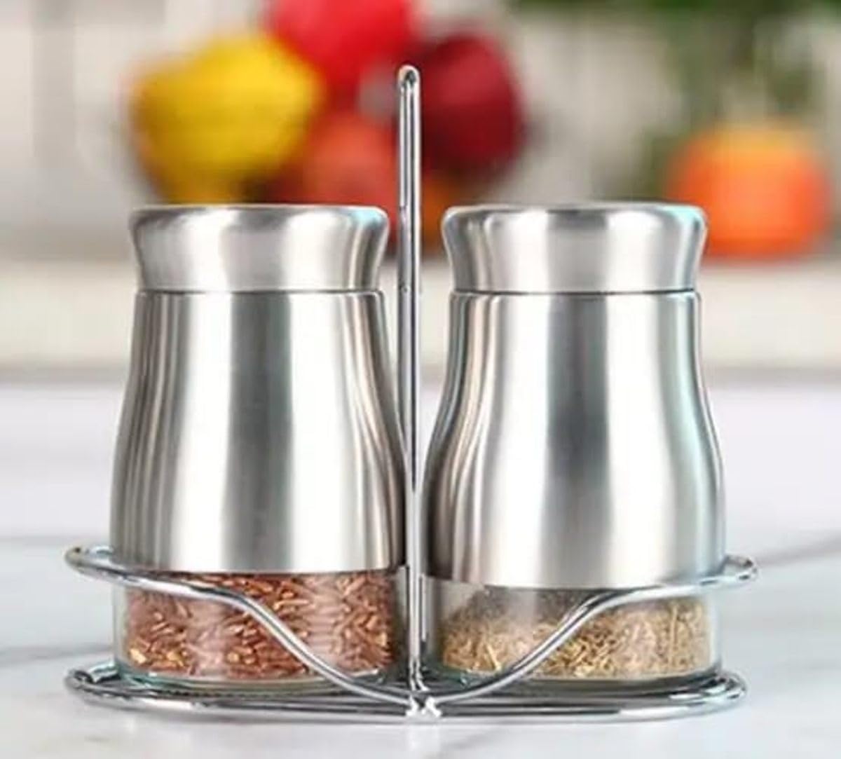 SNAPPYSPEED Salt and Pepper Shakers Set with 3 Adjustable Pour Holes & Tray for Container Stainles Steel Outer Layer and Internal Durable Granular Seasoning Glass Jar for Pickle(Set of 2 Pcs)